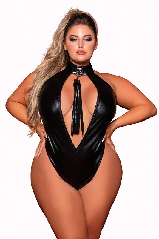 Faux-Leather Halter Teddy